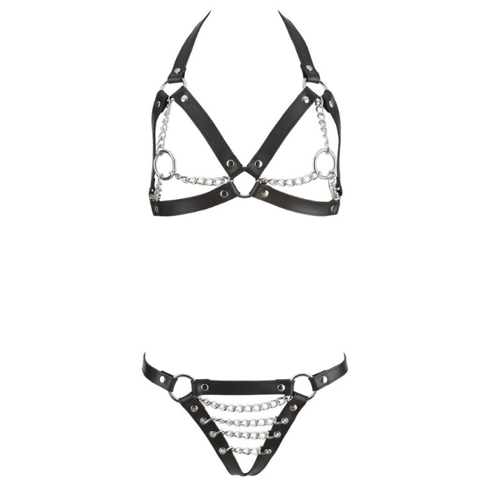 The top features a tantalizing design with adjustable buckles around the neck and back for the perfect fit, while the chains add an extra touch of bondage-inspired allure. The bottoms are equally as seductive, with open access and adjustable buckle straps around the hips and on either side of the buttocks. One size fits most.