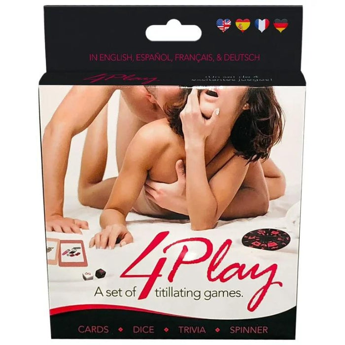 4Play A set of 4 titillating games! This game incorporates sexual things to do with your lover. Play trivia, roll the dice, use the cards, or flick the Wheel of 4Play to heat things up for a hot night! The set includes 1 sex spinner, 2 foreplay dice, 1 action top, and 20 sex cards. Inside the 4Play Game Set, you'll find everything you need to get nice and comfortable in four very sexy ways