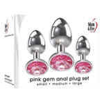 Anal play has never been a prettier sight with these gorgeous jeweled, aluminum anal plugs. This set of three anal plugs are graduated for easy anal training. Each plug is bulbous in form with a tapered tip to ensures an easy introduction, while the broad aluminum bulb fills and satisfies. Great for beginners and experienced users.  Small butt plug measures 7cm long and 2.8cm wide. Medium butt plug measures 9cm long and 3.4cm wide. Large butt plug measures 9cm long and 4cm in wide.