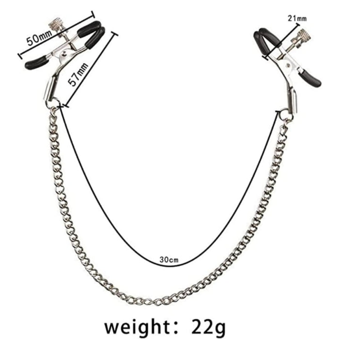 Nipple clamps with chain - 30cm chain with 5.7cm clamps with silicone tips.