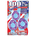 A set of three 100 percent silicone cock rings of vary sizes that is designed for longer and harder erections. Use it all at once or work your way up from small to large.