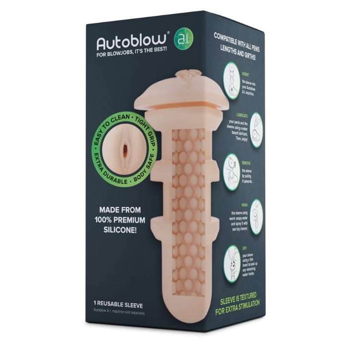 Accessory for the Autoblow AI and AI Machine! Sleeve with sensual dots and a realistic vagina opening. Silky soft silicone. Can be removed from the casing for cleaning. Complete length = penetration depth 17 cm, inner Ø 2 cm (flexible). Machine NOT included.