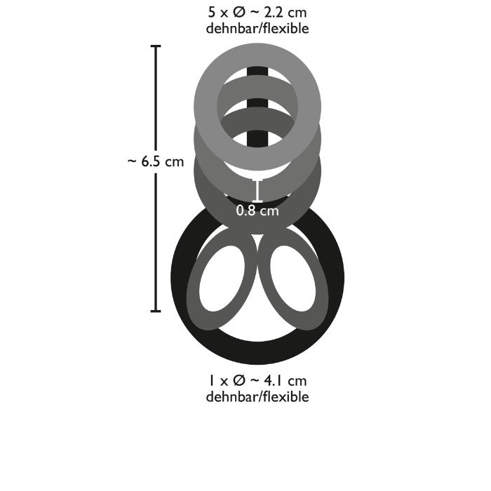 Dimensions - 6.5cm in length. Each of the 4 rings are 2.2cm wide and 0.8cm thick. The scrotum ring is 4.1cm wide