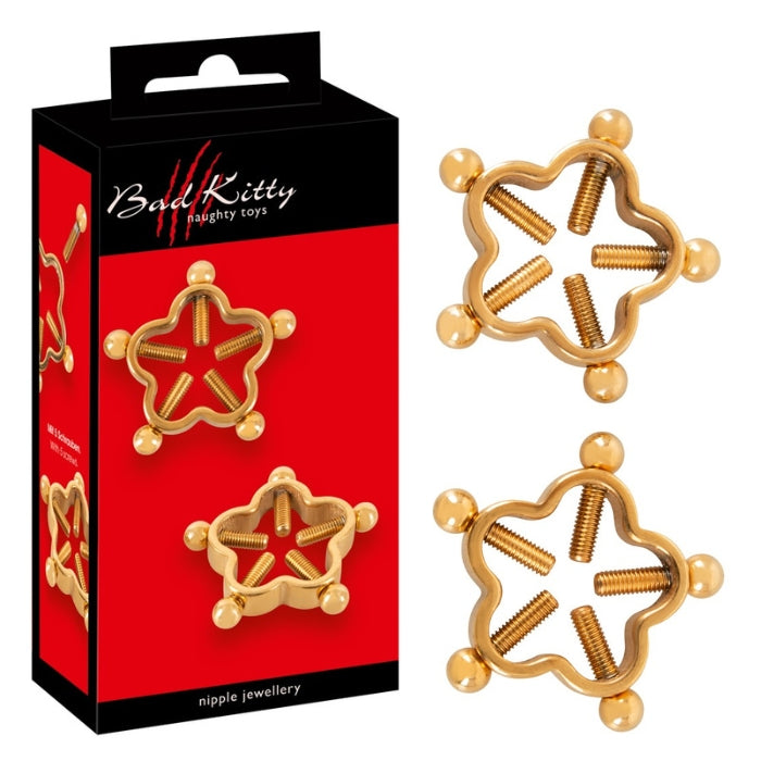Add some edge to your nipples with the Bad Kitty floral shaped Nipple Clamp Jewellery in gold. These clamps have a non-slip rubber coating and are adjustable to fit any size, providing just the right amount of pressure. Wear them on their own for a seductive look or pair them with other Bad Kitty accessories for a full BDSM experience. A perfect addition to any erotic play, they will leave you feeling sexy, daring and absolutely in control.