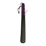 Quality made paddle with lightly padded side for beginners or gentle lovers. Handle with tie sleeve made of alluring lilac velour leather. Excellent product for any adventurous couples. The black and purple multi layered paddle delivers varying amounts of intense strokes depending on how you like it. The handle of the paddle is wrapped in suede and has delicate lacing. Total length: 42cm, 5cm wide with strap.