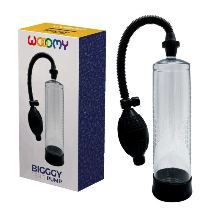 BIGGGY is an affordable penis pump from Wooomy that helps to increase erection strength, fullness and achieve extreme pleasure for both partners. The Bigggy Penis Pump is easy to clean and simple to use. Material: Body-safe Rubber/ABS. Dimensions: Length 24cm / Diameter 6.2cm.