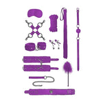 For those couples looking to take their fetish play to the next level, this is the kit. Everything you need to continue exploring your kinkier side. Comes with breathable ball gag, furry bonded leather hand and leg cuffs, satin eye mask, flogger, 11 inches feather tickler, 32.81 feet Japanese silk rope, hogtie connector, nipple clamps, and furry bonded leather collar with metal leash.