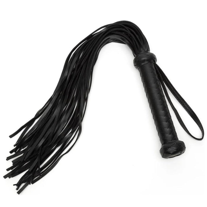 Fifty Shades of Grey Flogger/Whip - Bound to You Black is a handcrafted faux leather flogger with a wrist loop for secure play and easy storage. The tails will provide passion through gentle tickles or sharp stings. The woven handle adds stunning detailing to the look of this pleasurable bondage accessory. You won't believe the sensations and thrill of this flogger when used in your bondage adventur