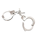 You are Mine metal Handcuffs are a strong pair of lockable handcuffs with a safety mechanism. Easily adjusting to fit most wrists, each cuff can be released instantly by using the lever to the side of the lock or with the 2 functional keys. A chain separates the cuffs 3 inches apart, providing enough room to move.