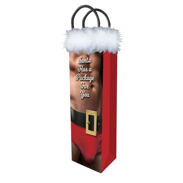 Gift Bag features half nude Santa with a sexy body. Top is trimmed with white faux fur, Gift bag has 2 handles black. When bag is open to fill size 13 inches tall by 5 inches by 3.5 inches. 