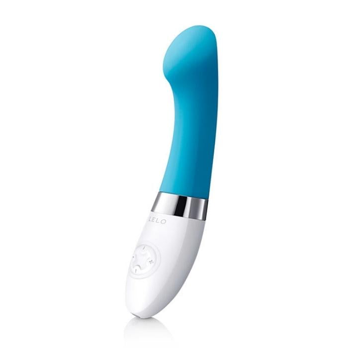 Turquoise Lelo Gigi 2, G-spot vibrator! Its curved and attuned tip perfectly targets your G-spot for exhilarating solo pleasure or during foreplay! 8 satisfying modes let you easily and your perfect pattern and ideal intensity. The flattened head for precise contact, this toy is ideal for G-Spot or clitoral stimulation. Medical grade silicone. USB rechargeable. 100% waterproof.
