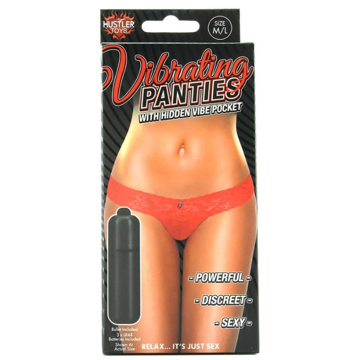 Sure, they're comfortable and flattering, but Hustler's gorgeous Vibrating Panties also feature a secretive little pocket sewn securely into the crotch. Holding an included bullet vibe perfectly in place. Beautifully designed with a soft, stretchy lace waistband, a cotton lining and a glittery rhinestone 'H' charm, these panties boast a bare-all thong style that won't leave telltale lines under clothing. Size Medium/Large