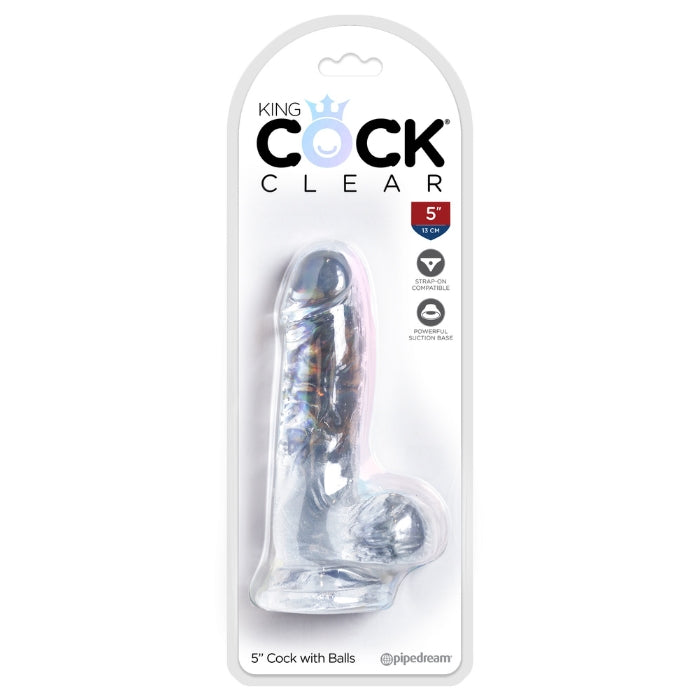 King Cock combines a translucent dildo with a realistic cock design. Its flexible shaft, detailed veins, and defined head, King Cock Clear will engage your senses visually and physically. The powerful suction cup base sticks to nearly any flat surface and makes every dildo harness compatible. 5inches/13cm