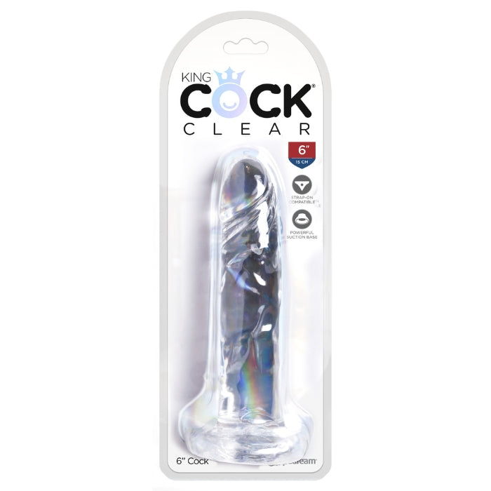 King Cock combines a translucent dildo with a realistic cock design. Its flexible shaft, detailed veins, and defined head, King Cock Clear will engage your senses visually and physically. The powerful suction cup base sticks to nearly any flat surface and makes every dildo harness compatible.