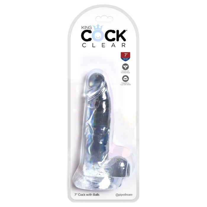 King Cock combines a translucent dildo with a realistic cock design. Its flexible shaft, detailed veins, and defined head, King Cock Clear will engage your senses visually and physically. The powerful suction cup base sticks to nearly any flat surface and makes every dildo harness compatible. 7inches / 18cm.