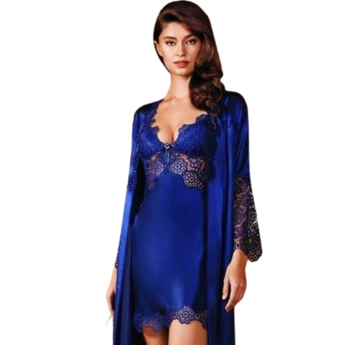 Blue Satin & Lace Short Nighty with Long Gown Set, a stunning and graceful ensemble. The nighty features beautiful lace on the top, with built-in cups for a flattering fit and a sheer midsection, delicate spaghetti straps complete the look, while the lovely satin bottom of the dress. The matching gown is long, made from satin, with 1/3 lace sleeves, adding a hint of romance and femininity.