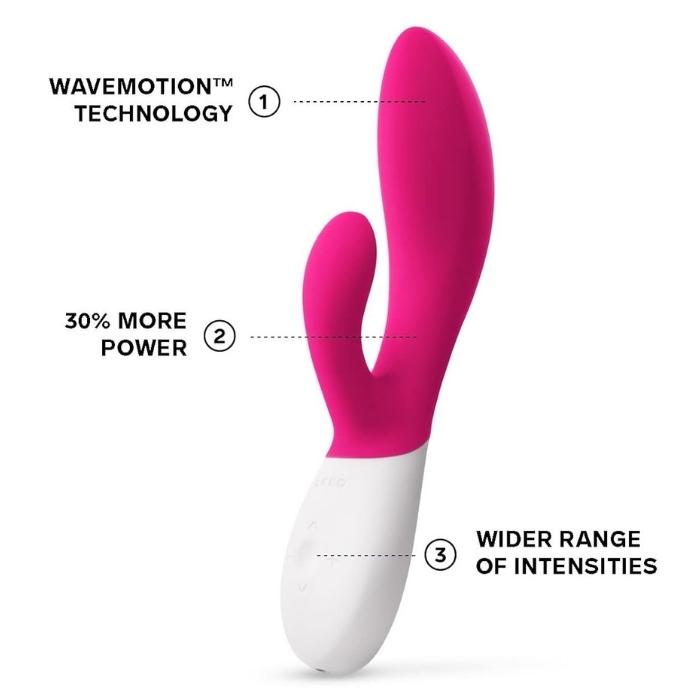 Cerise INA WAVE 2 comes with a manual, Lelo water based lube 5ml sachet, charging cord, satin storage pouch and Lelo warranty card.