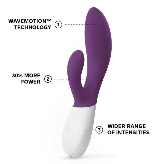Purple INA WAVE 2 comes with a manual, Lelo water based lube 5ml sachet, charging cord, satin storage pouch and Lelo warranty card.