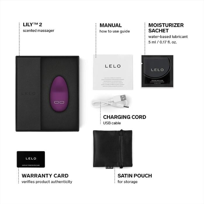 Plum Lelo Lily 2 comes with a manual, Lelo water based lube 5ml sachet, charging cord, satin storage pouch and Lelo warranty card.