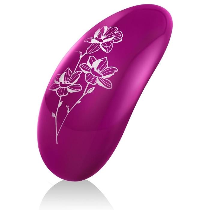 Deep Rose Lelo Nea 2 clitoral vibrator has a beautiful floral design on the back in white of 3 Lilys.