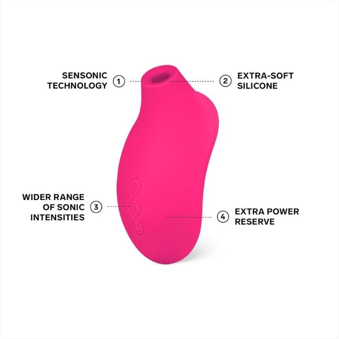 Cerise Pink Sona 2 Cruise comes with a manual, Lelo water based lube 5ml sachet, charging cord, satin storage pouch and Lelo warranty card.