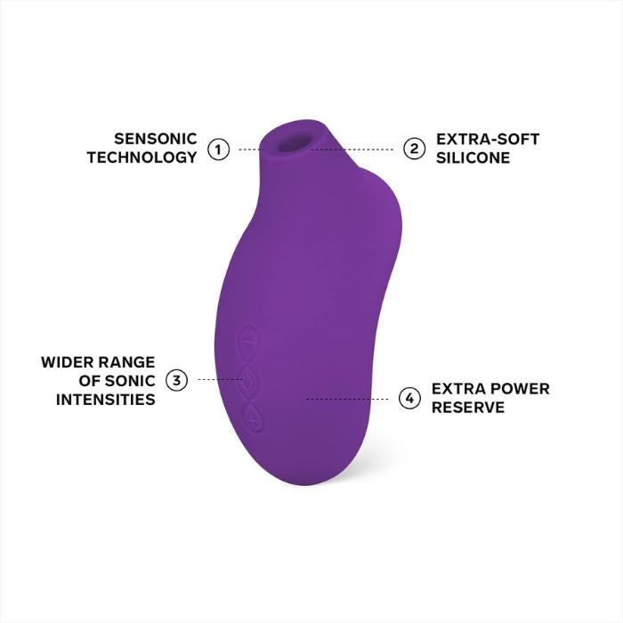 Purple Sona 2 Cruise comes with a manual, Lelo water based lube 5ml sachet, charging cord, satin storage pouch and Lelo warranty card.