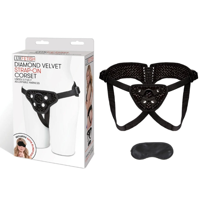 Lux Fetish Diamond Velvet Strap-On Corset harness features fully adjustable four-way straps that fit hips up to 70”. You can choose to play any which way you please with the included pair of interchangeable O-rings that will secure any of your favorite flared-base toys. Also included is a satin blindfold.
