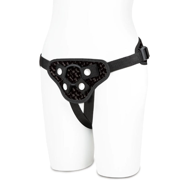 Lux Fetish Diamond Velvet Strap-On Corset harness features fully adjustable four-way straps that fit hips up to 70”. You can choose to play any which way you please with the included pair of interchangeable O-rings that will secure any of your favorite flared-base toys. Also included is a satin blindfold.