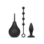 • Anal douche 224 ml rubber bulb, with removable plastic nozzle and non-return valve.<br>• Small butt plug 100% silicone, insertable length 3 inch / 75 mm, max diameter 1.1 inch (28 mm)<br>• Small anal beads 100% silicone, bead diameter 0.8 inch (20 mm)