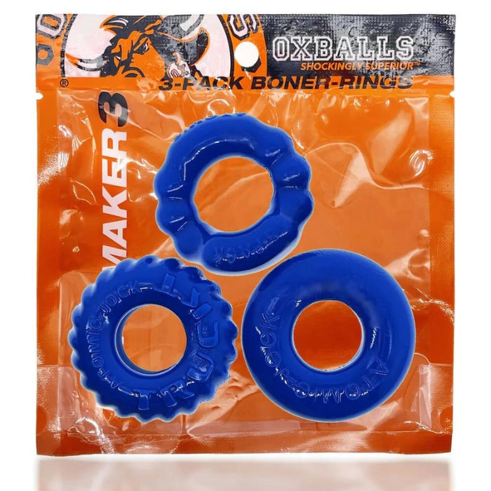 Bonemaker is a set of Oxballs 3 best cock rings. Three cockrings that are designed for comfortable wear, all three are the right-size rings for maximum stretch. TRUCKT large is a ribbed non-roll grippy ring perfect for your junk or stacking on your balls. DO-NUT is a ring that grips tight for maximum hardness. 6-PACK is rippled with a ball flange for more ball-lift.