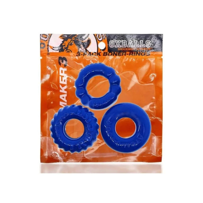 Oxballs Bonemaker – 3 Cock Rings pack. TRUCKT large is a ribbed non-roll grippy ring perfect for your junk or stacking on your balls. DO-NUT is a ring that grips tight for maximum bone-ness. 6-PACK is rippled with a ball flange for more ball-lift.