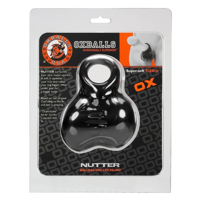 The Nutter was made to encase your balls and plump up your package. The Nutter has a built in cocksling with a stretchy sack for your scrotum. Wear it for an intense session or under your clothes to create a bulge. The sack features a drainage hole that doubles as a contact opening for electro contacts points, for those who enjoy a more shocking experience. Made from FLEX TRP. Cock and Ball hole Circumference:10.80cm, Cock hole Circumference: 8.23cm, Ball hole Circumference: 8.23cm.