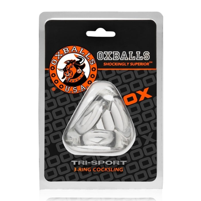 The Tri-Sport Is made up of 3 conjoined cockrings that holds your penis, balls, and the base of your shaft. The design lets you choose how you wear it. Made from FLEX TRP. Height: 4.445cm, Width: 5.715cm, Cock/Ball Opening Circumferences (Stretch to fit any size).