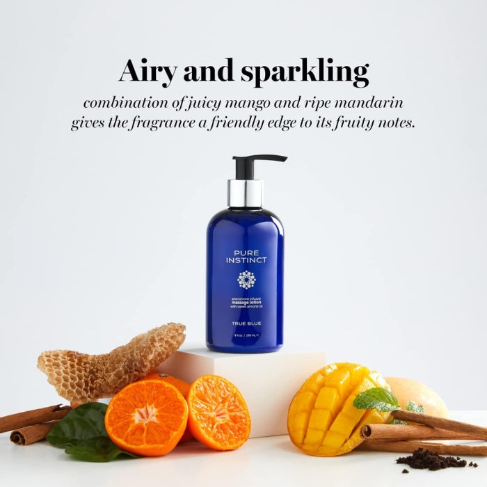 Pure Instinct Pheromone infused massage lotion, Indulge the senses, yours and theirs and bring out the irresistible in you. A combination of juicy mango and ripe mandarin gives the fragrance a delicious fruity note. 