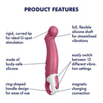 Rigid, curved tip for idea G-spot stimulation. Full, flexible silicone shaft for streamlined vibrations. Made of body safe silicone. Easily switch between the 12 vibration modes. Ring shaped handle design for easy use. Magnetic charging connection.