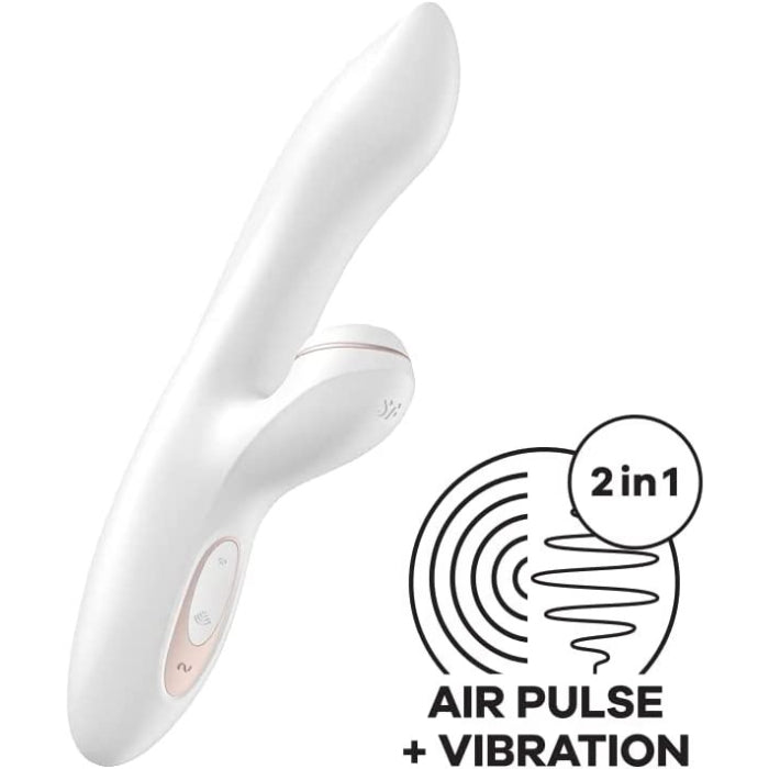 2 in 1 Air pulse and Vibration. The Satisfyer Pro + G-Spot Rabbit uses non-contact pressure-wave technology to provide feelings of suction and pulsations, similar to the sensations you feel during oral sex. The flexible, elegantly curved shaft clings skillfully to your curves and seeks your G-spot. The Satisfyer Pro + G-spot Rabbit has 11 different pressure wave intensity settings, made up of 3 intensities and 7 rhythms. The Pro + G-Spot is waterproof and USB rechargeable.