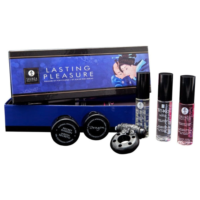 Kit made up of erotic cosmetics from the Shunga brand, ideal as a gift or to surprise your partner.  1 x Toko Strawberry Champagne Lubricant (10ml), 1 x Libido Massage Oil (10ml), 1 x Intimate Kisses Strawberry Champagne Oil (10ml), 1 x Dragon cream (4ml), 1 x Secret Garden cream (4ml), 1 x Vibrating Ring, 1 x Manual Instructions, 1 x Case Box, 1 x Satin bag.