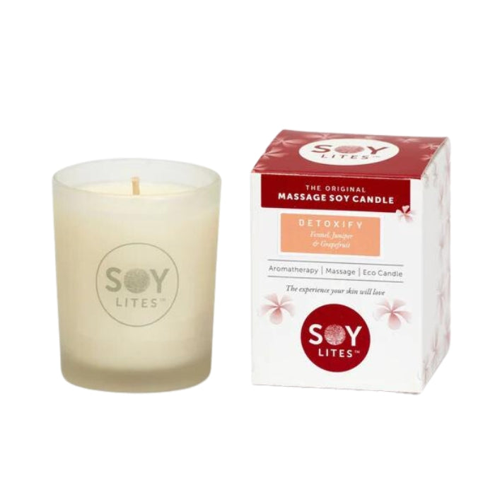 A range of natural soy based aromatherapy body candles. SoyLites takes pride in innovating eco-authentic products that your skin will love, while engaging your mind, body and spirit. mproves skin tone and blood circulation, aids detoxification and soothes the nervous system from excess worry with Fennel, Juniper and Grapefruit 70ml.