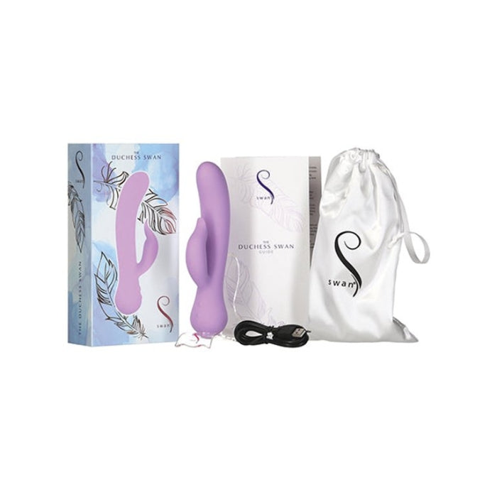 The Swan Duchess Rabbit vibrator comes with a manual, USB charger, stand for charging and satin storage pouch.