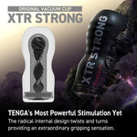 Disposable masturbator Original Vacuum Cup XTR from Tenga comes in Black = Strong with a twisting spiral texture for an intense, gripping experience, The gentle or strong penis massage can be upgraded with an exciting, simulated sucking effect thanks to the innovative vacuum opening.
