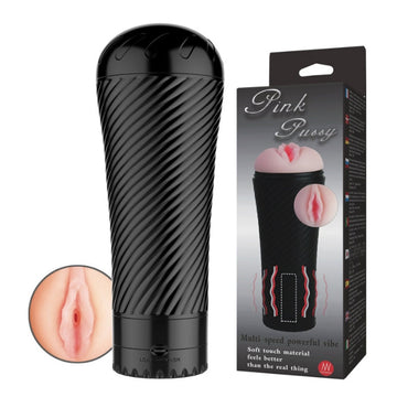 Realistic vagina superskin sleeve. You will experience knee-knocking sexual bliss from this male masturbator's multi-speed vibrations. 222mm long by 86mm wide, easy to clean and comes with a cap for safe storage. Requires 3x AAA batteries (not included).