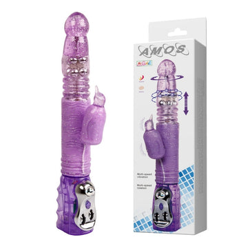 Purple rabbit vibrator with textured sections and cartoon penguin design for clitoral stimulation