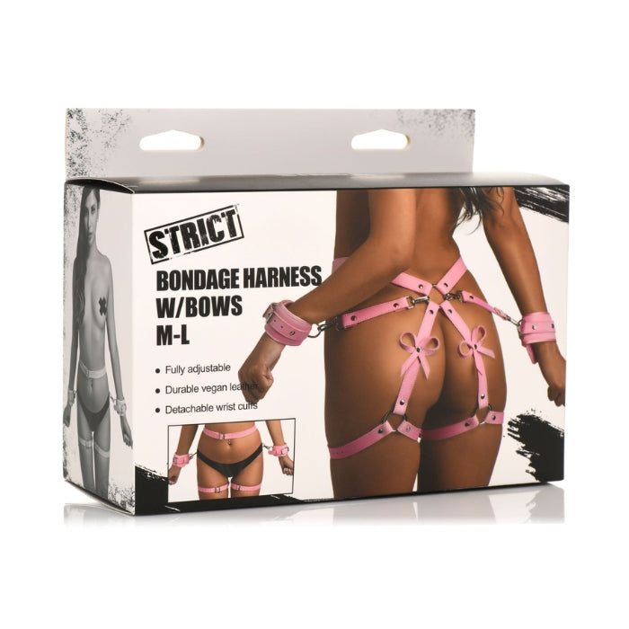 Bondage Harness with Bows Pink M/L. Adjust the buckles on the thigh straps, waist strap and wrist cuffs for a custom and comfortable fit. Measurements: waist strap adjusts from 26 inches to 42 inches circumference. Thigh straps adjust from 13 inches to 26 inches circumference. Wrist cuffs adjust from 5.75 inches to 10.25 inches circumference.