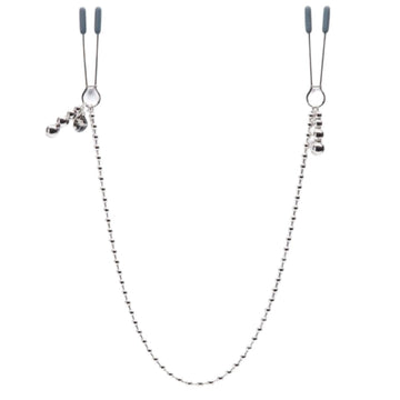 Tweezer-style chained nipple clamps with weighted beads for intermediate nipple play. The silicone-covered tips buffer sensation and strengthen grip.