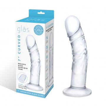 Enjoy the best of both worlds with a realistic shaped curved glass dildo featuring life like details like veins and a satisfying round tip. Offering a substantial 7 inches in length, this dildo is made from sleek glass that is smooth and slick, and can also be heated or cooled for more sensual sensation play.