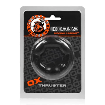 Thruster is a super stretchy full sized cockring that will not pinch or strangle you. Place the large ball under your scrotum to push up your balls. Worn to provide you with a thicker, firmer erection. Made from FLEX TRP. Thickness:1.91cm - 2.54cm, Outside Circumference:19.05cm, Inside Circumference:9.53cm
