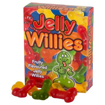 Colorful Jelly Willies candy box showcasing fun fruit-flavored penis-shaped gummies