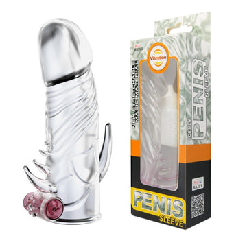 Transparent silicone penis sleeve with textured surface and vibrator for realistic extender