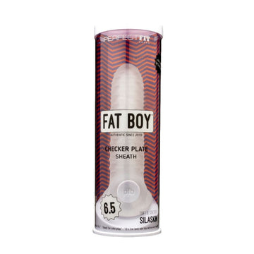 Fat Boy Checker Box Sheath 6.5 inches Clear from Perfect Fit Brand. Like our original Fat Boy penis sheath, but with a new textured surface. Adds noticeable girth to your penis without being too much for your partner to handle. Made of super soft and stretchy SilaSkin, it is designed to give both partners intense pleasure.