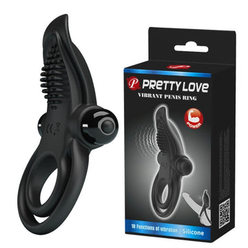 Black silicone vibrating cock ring with textured clitoral stimulator for enhanced love-making